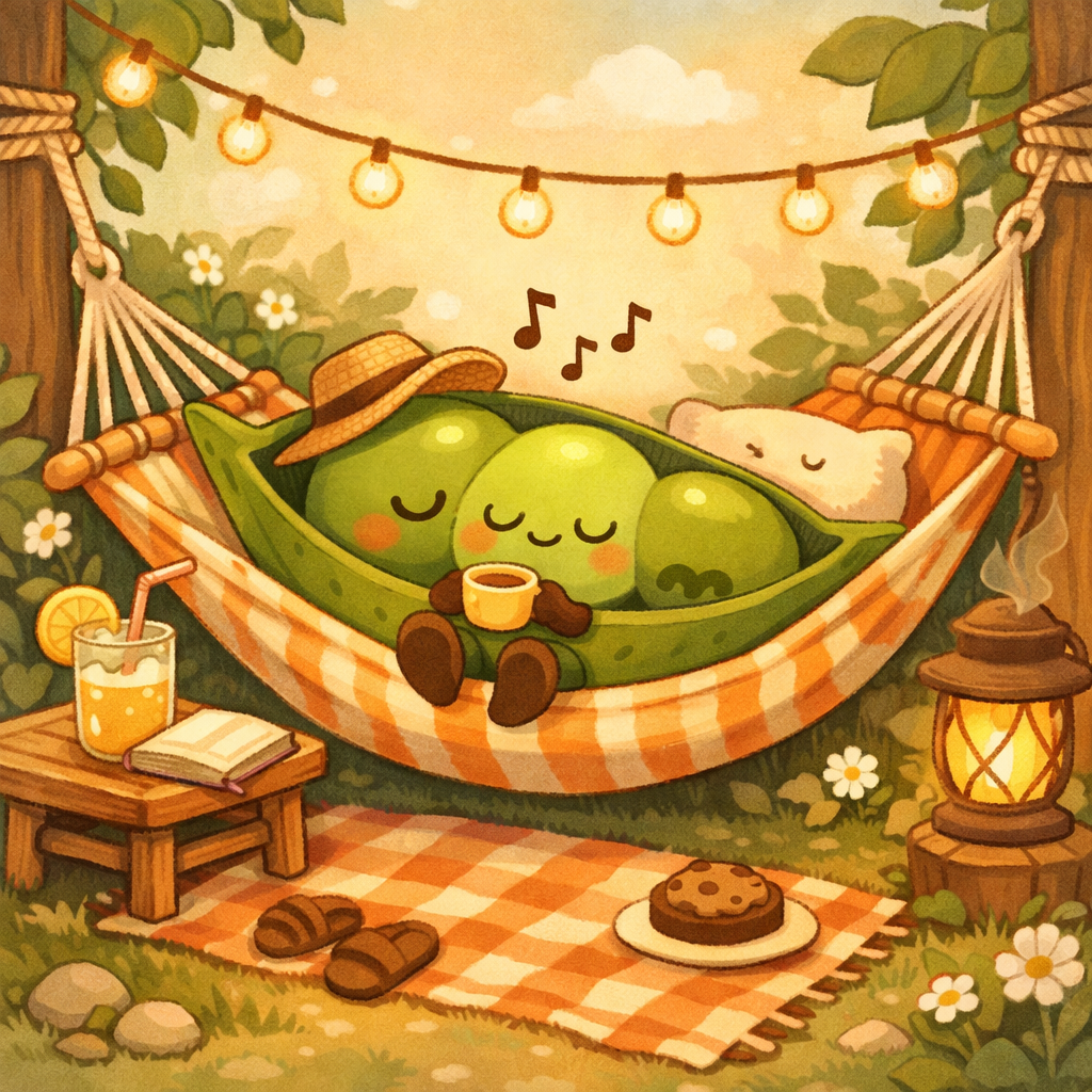 Pip the Pea relaxing in a hammock